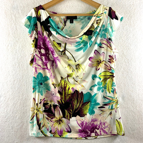 Women‎ Feminine Blouse Sz S Colorful Floral Flutter Sleeve Cowl Neck Bloomcore - Picture 1 of 11